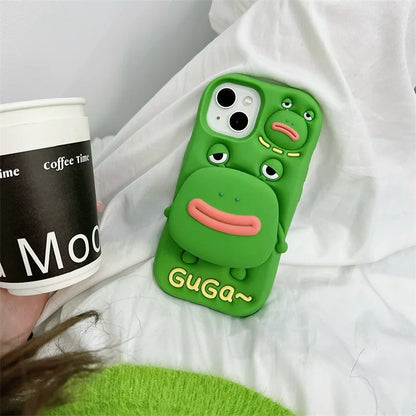 Cute Cartoon Thick Lips Frog Silicone Telescopic Bracket Phone Case For iPhone