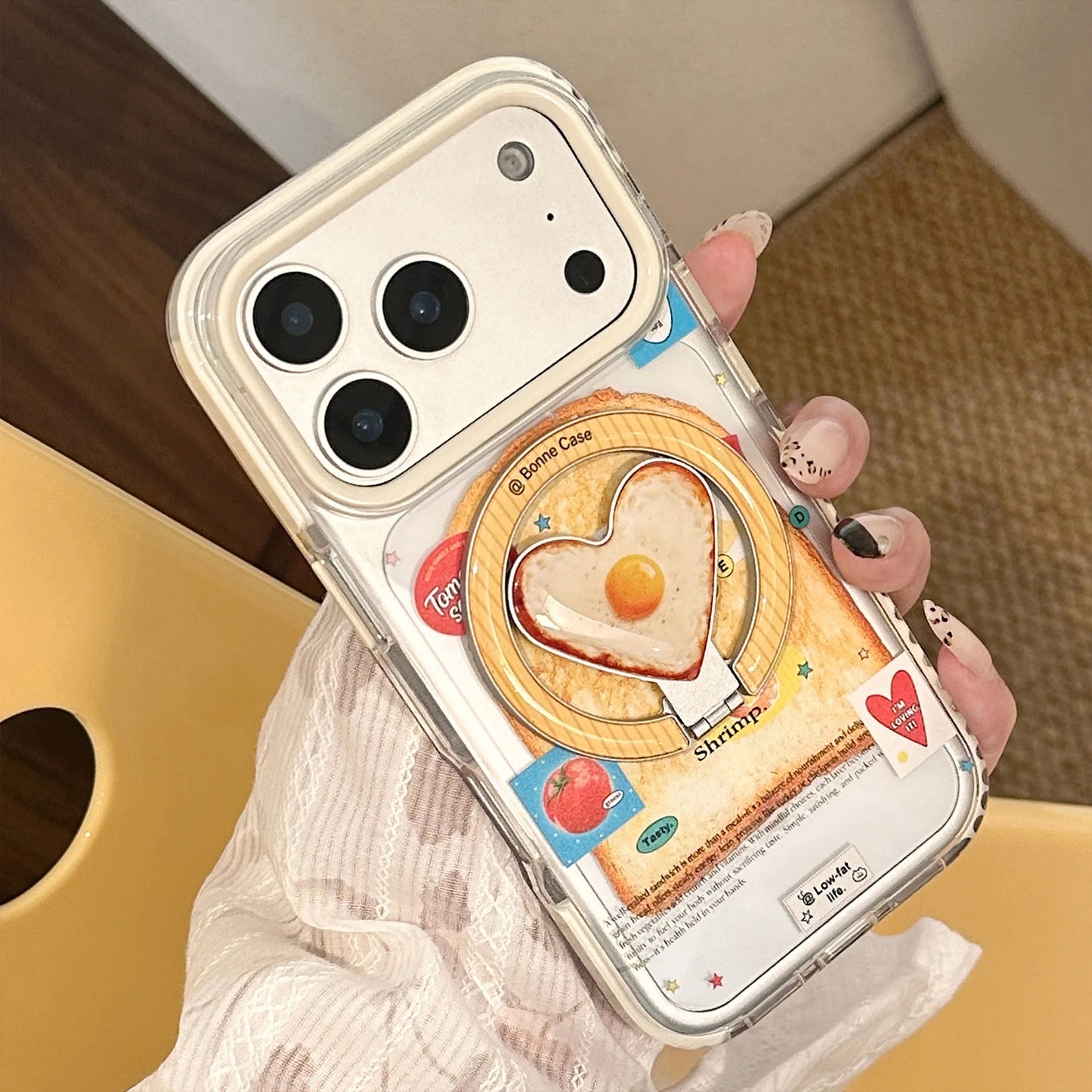 Korean Toast Pattern With Fried Egg Love Heart Bracket Magnetic Phone Case For iPhone