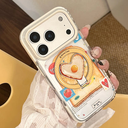 Korean Toast Pattern With Fried Egg Love Heart Bracket Magnetic Phone Case For iPhone
