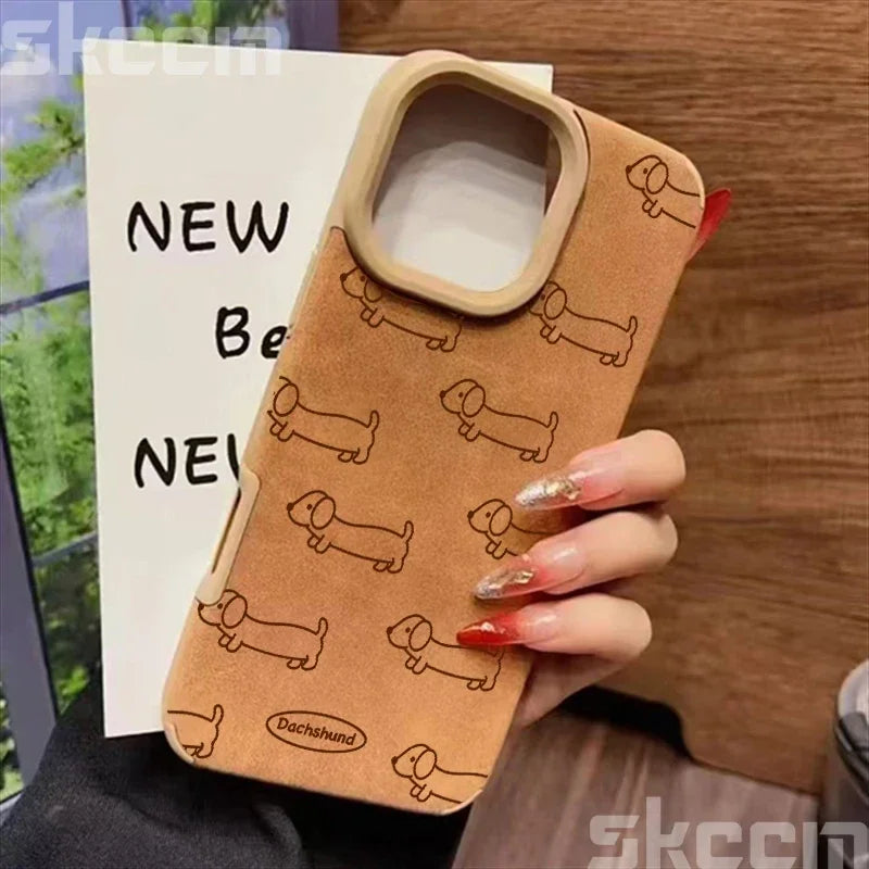 Line Drawing Sausage Dog Leather Phone Case For iPhone