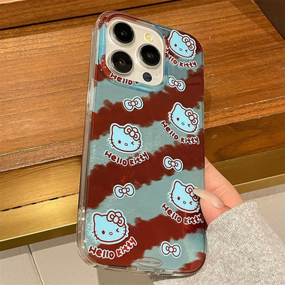 Hello Kitty Blue Brown Stripes Mirror Bow Strap Phone Case For iPhone