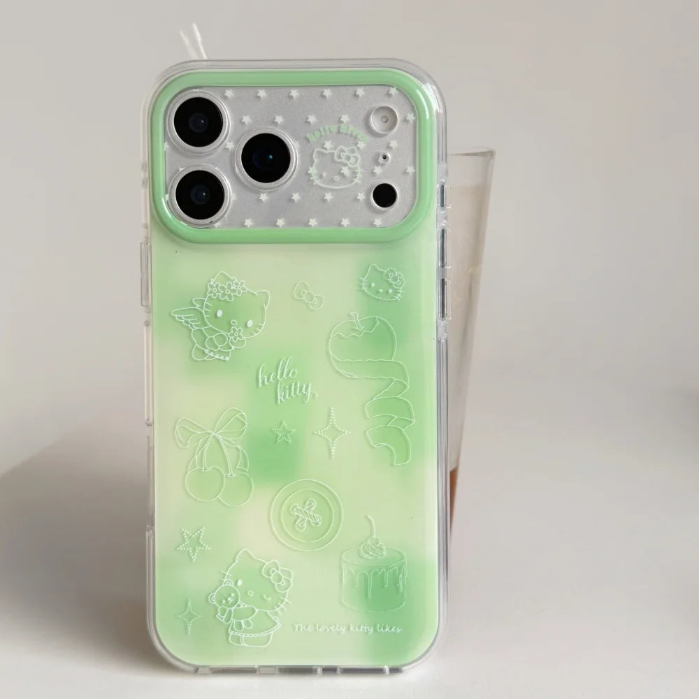 Korean Cute IMD Double Layer Green Line Kitty Phone Case For iPhone