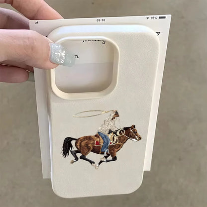 Retro Cowboy Riding Horse Pattran Lychee Soft Phone Case For iPhone