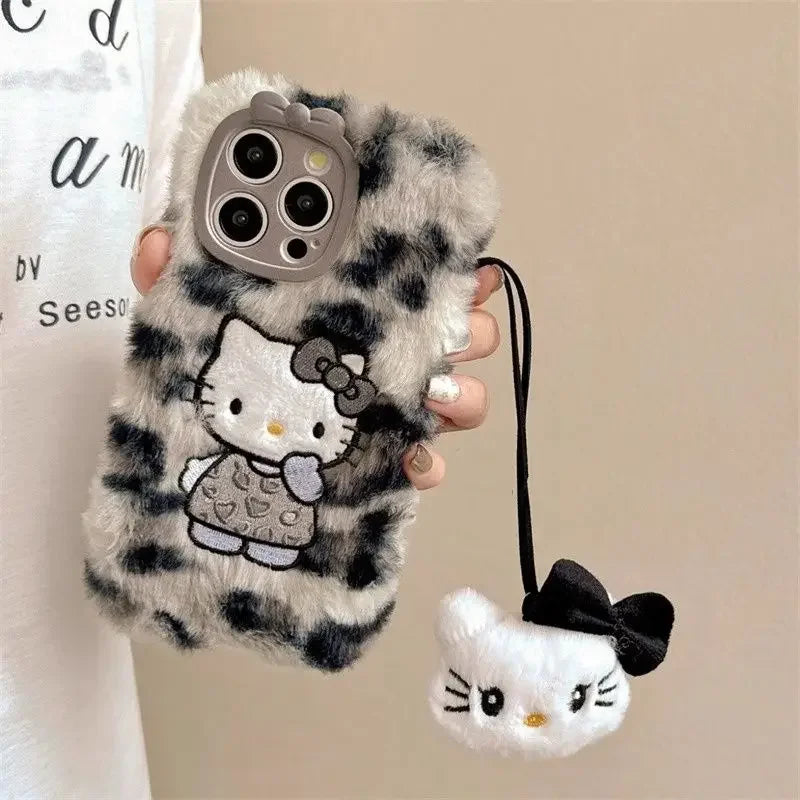 Y2k Hello Kitty Kawaii Plush Leopard Print Phone Case For iPhone