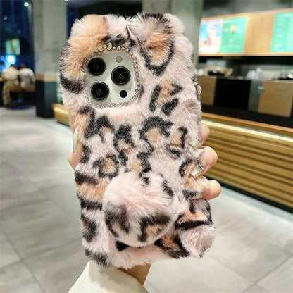 Cute Cartoon Leopard Print Bunny Fur Plush Phone Case For iPhone