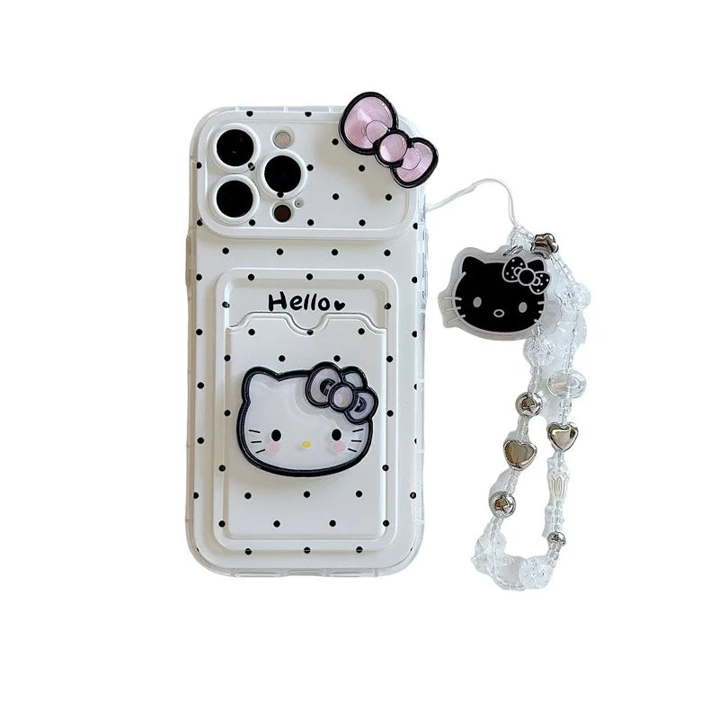 Korean Polka Dot Hello Kitty Bowknot Card Slot Bag Holder Phone Case For iPhone