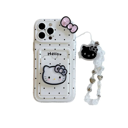 Korean Polka Dot Hello Kitty Bowknot Card Slot Bag Holder Phone Case For iPhone