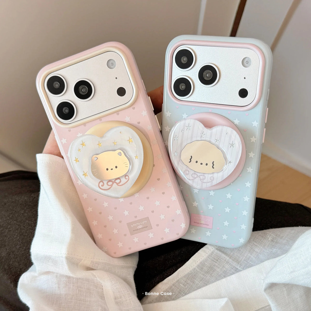 Korean Love Heart Stars Cartoon Cat Dog Mirror Magnetic Bracket Phone Case For iPhone