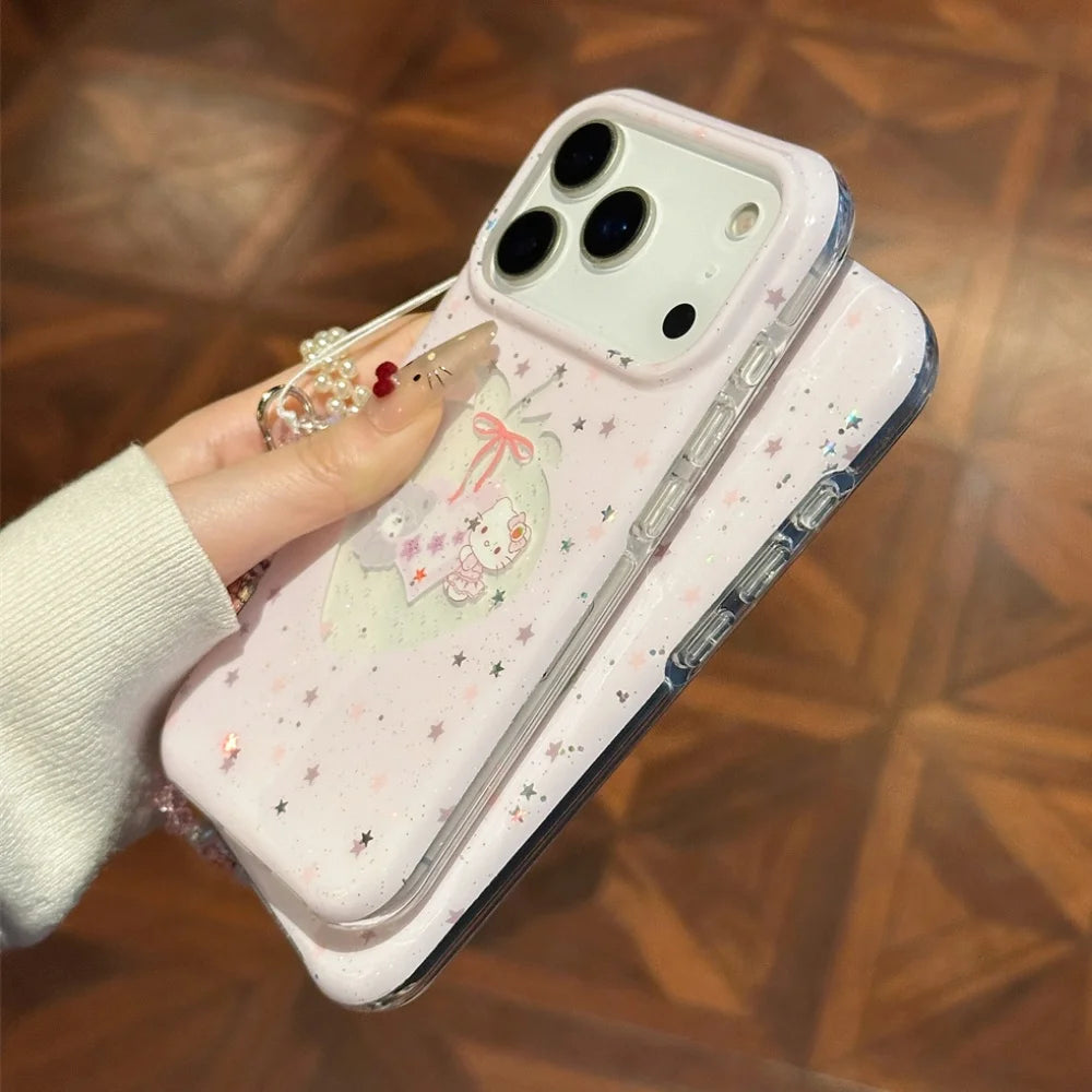 Cute Pink Star Flash Strawberry Kitty Phone Case For iPhone