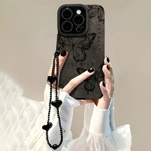 Retro Sketch Butterfly 3D Heart Lanyard Phone Case For iPhone