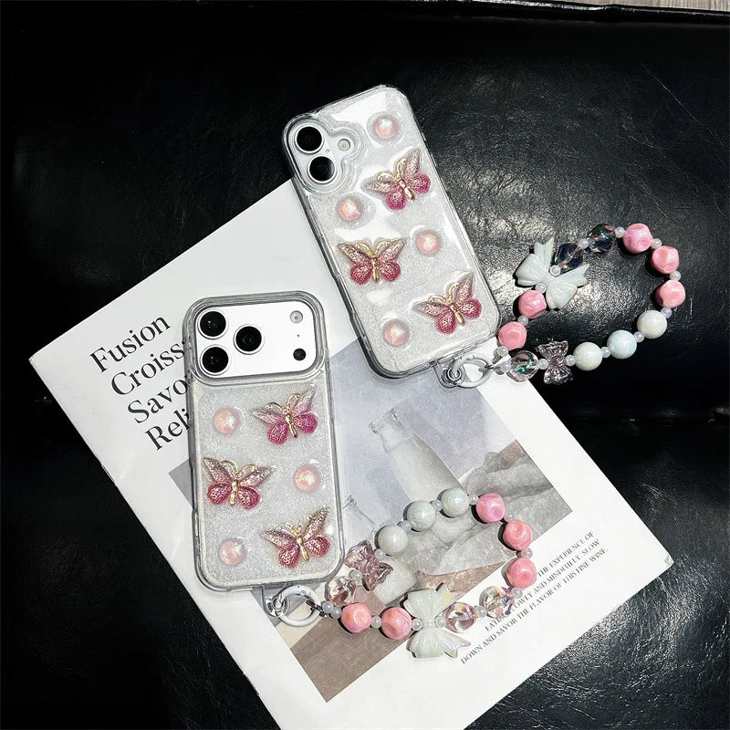 Korean 3D Pink Butterfly Pattern Glitter Drop Glue With Chain Phone Case For iPhone