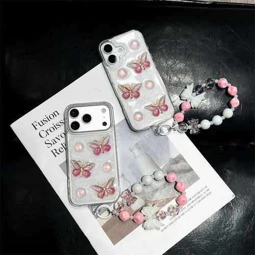 Korean 3D Pink Butterfly Pattern Glitter Drop Glue With Chain Phone Case For iPhone