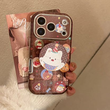 Korean Christmas Cartoon Puppy Bracket Leather Texture Phone Case For iPhone