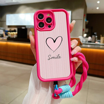 Fashion Smile Pink Love Heart Soft Lanyard Rope Phone Case For iPhone