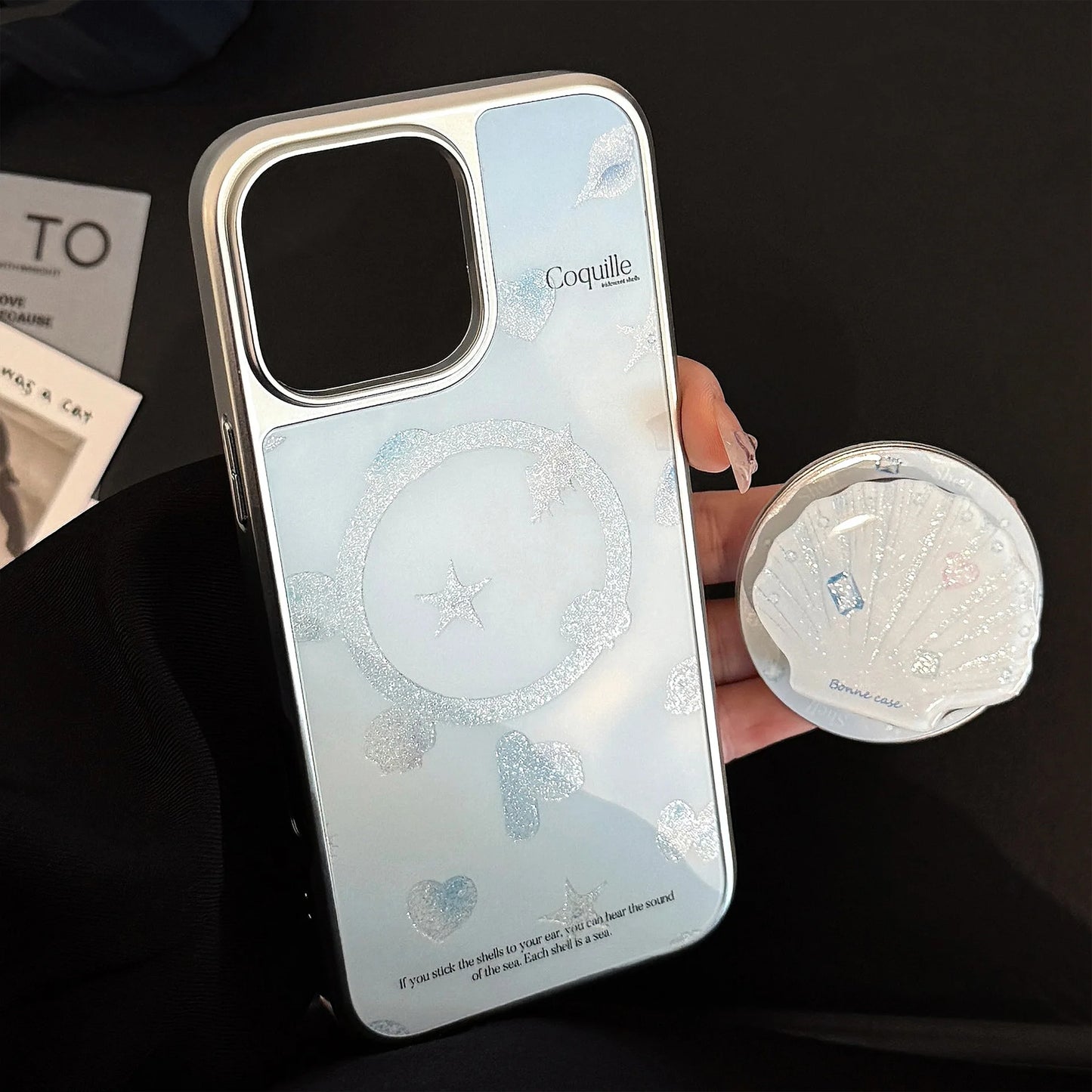 Summer Blue Ocean Shell Bracket Sparkly Glitter Magnetic Phone Case For iPhone