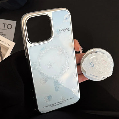 Summer Blue Ocean Shell Bracket Sparkly Glitter Magnetic Phone Case For iPhone