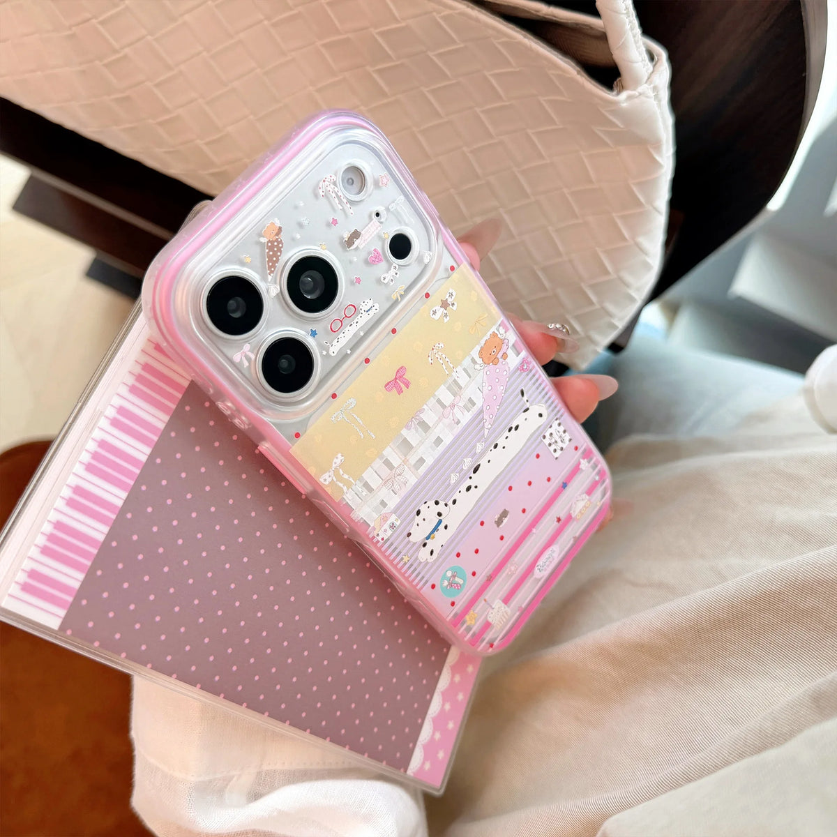 Korean Splicing Cartoon Spotted Puppy Bowknot Pattern Phone Case For iPhone