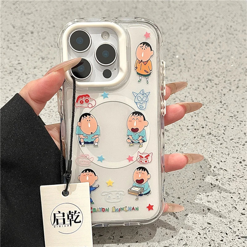 3D Anime Cute Couple Funny Crayon Shin-chan Magsafe Wireless Charge Case For iPhone