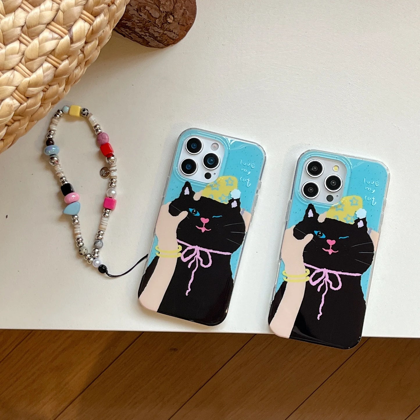 Adorable & Sweet Cute Black Cat with Colorful Beaded Chain Lovely Phone Case