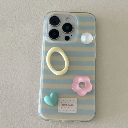 Adorable Blue Stripes 3D Pearl Heart & Flower Accessories Protective Phone Case