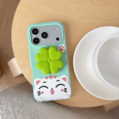 Kawaii 3D Cartoon Cat Rotate Lucky Clover Grip Tok Phone Holder Case For iPhone
