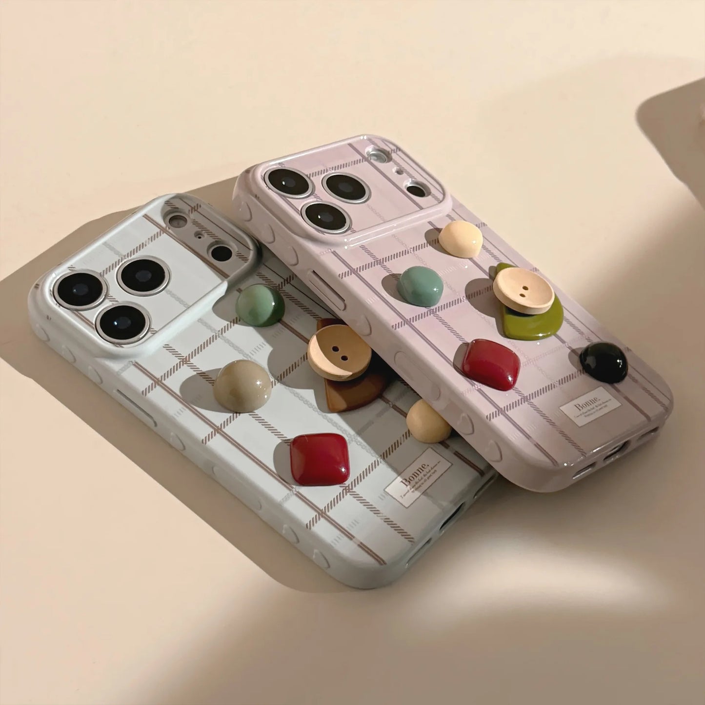 Korean Grid Pattern 3D Geometry Gemstone Button Decoration Phone Case For iPhone