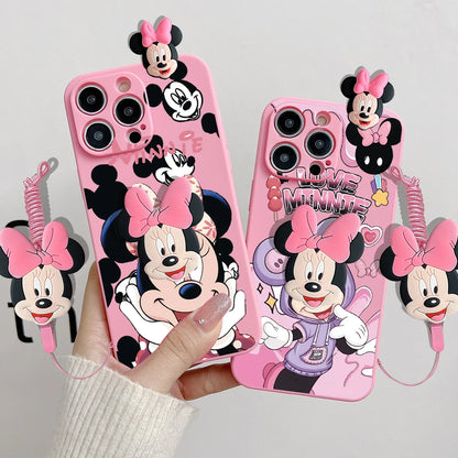 Cartoon Mickey Minnie Soft Case With Holder Rope Phone Case