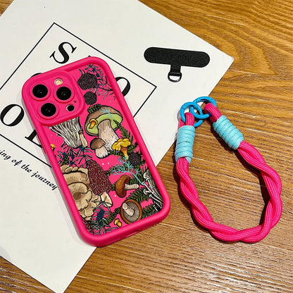 Colorful Mushroom Silicone Lanyard Rope Phone Case For IPhone