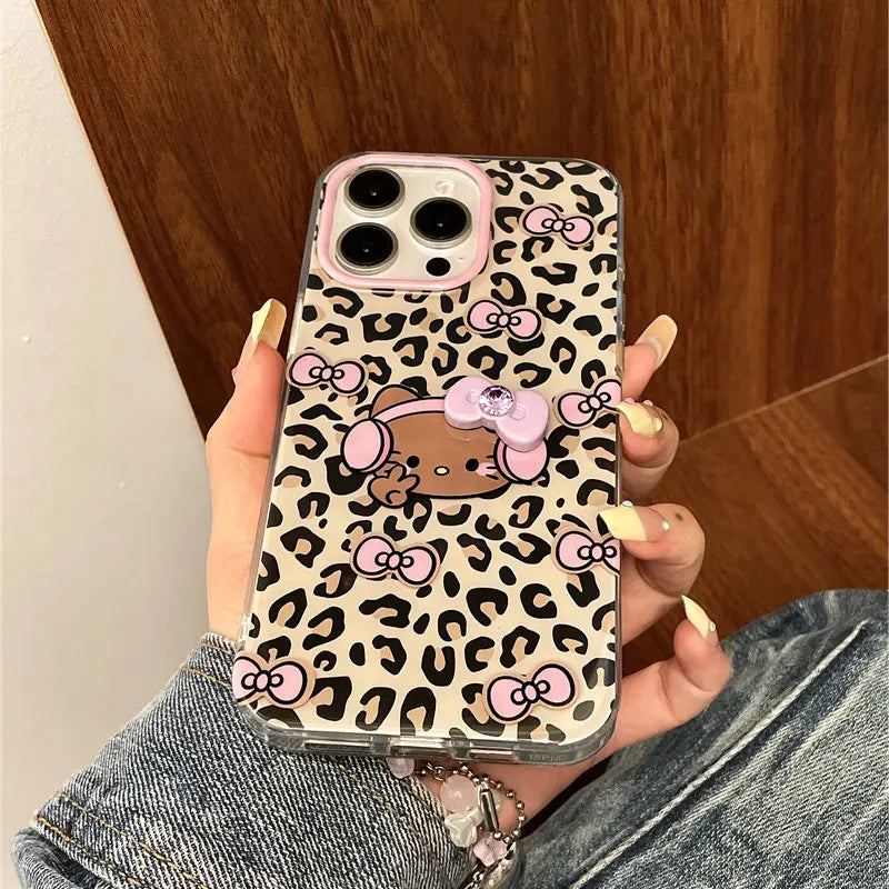 Hello Kitty Leopard Print Headphones Phone Case For iPhone