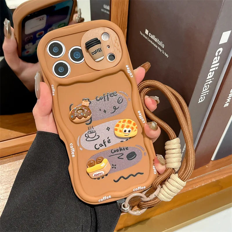 3D Cartoon Bread With Wrist Strap Wavy Phone Case For iPhone