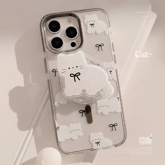 Korean Cute Cartoon Cat Transparent Magnetic Holder Phone Case  For iPhone