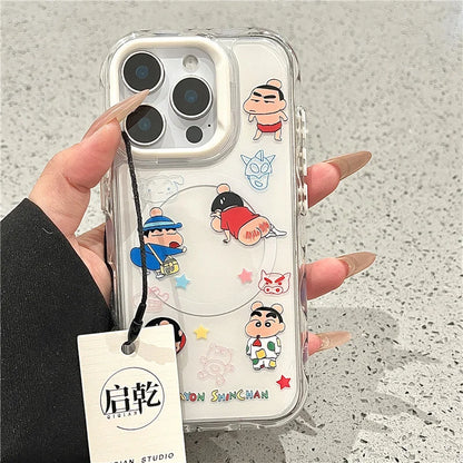 3D Anime Cute Couple Funny Crayon Shin-chan Magsafe Wireless Charge Case For iPhone