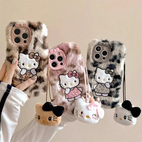 Y2k Hello Kitty Kawaii Plush Leopard Print Phone Case For iPhone