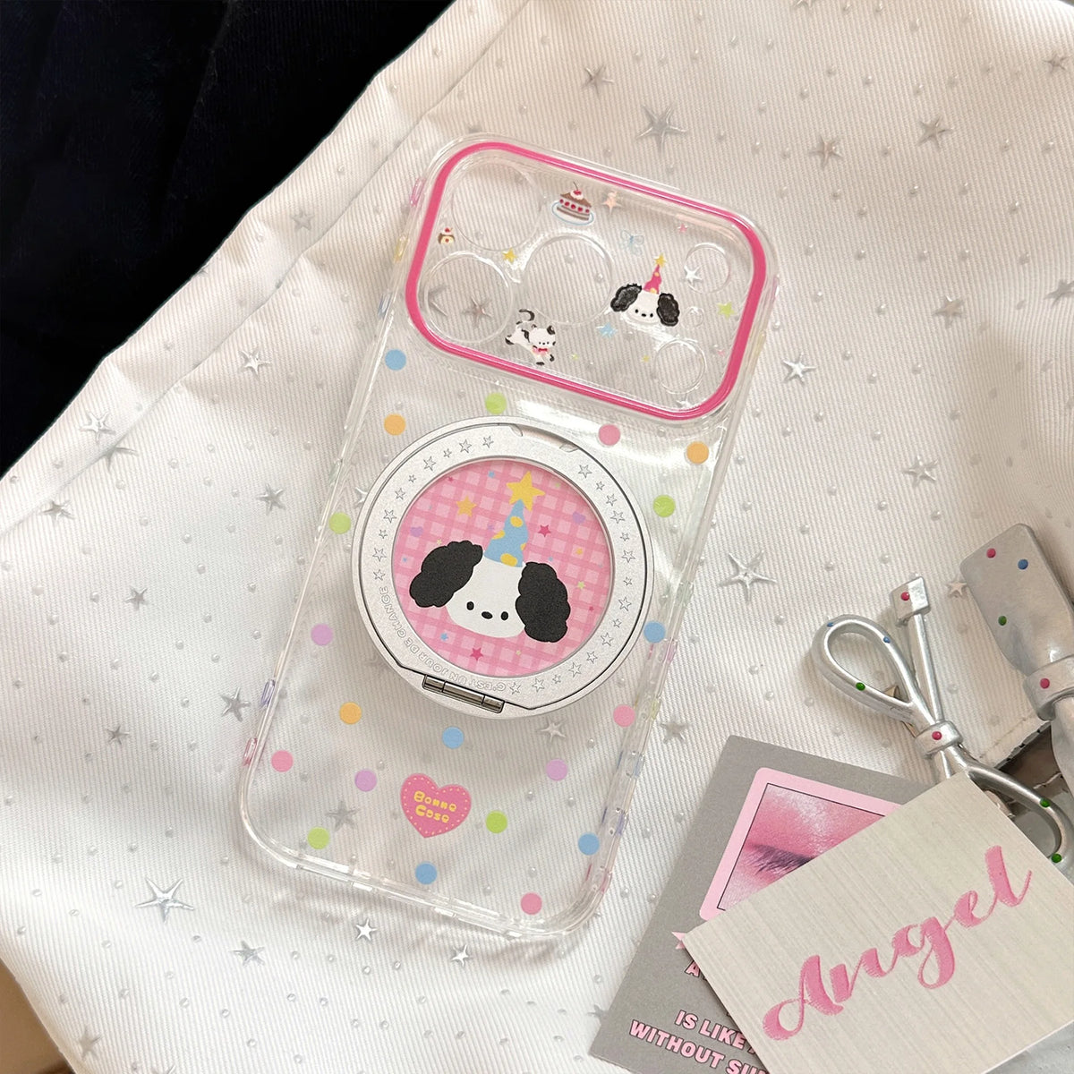 Korean Colorful Polka Dots Cartoon Puppy Magnetic Bracket Phone Case For iPhone