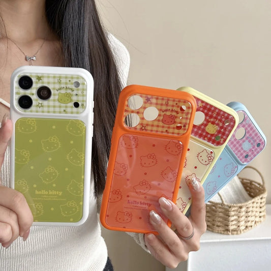 Cute Cartoon Large Window Four Colored Line Kitty Head Phone Case For iPhone