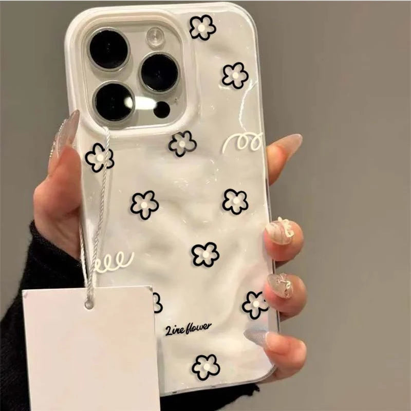 Black-Line Flowers Meteorite Textured Case  For iPhone
