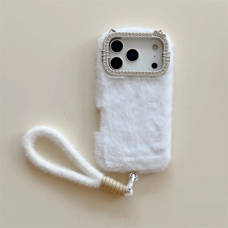 Luxury Solid Colors Diamond Fluffy Fur Plush Phone Case For iPhone
