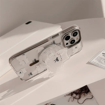 Korean Cute Cartoon Cat Transparent Magnetic Holder Phone Case  For iPhone