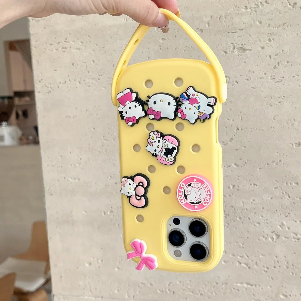 Cute DIY Hole Phone Case With Wrist Strap Detachable Cartoon Soft Silicone Phone