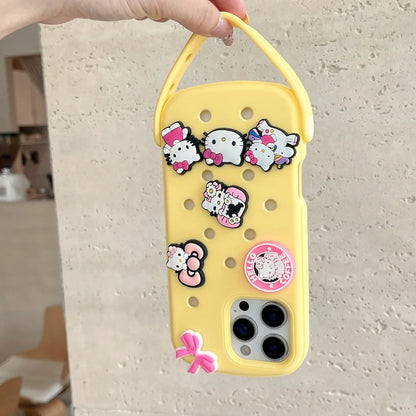 Cute DIY Hole Phone Case With Wrist Strap Detachable Cartoon Soft Silicone Phone