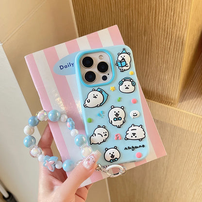 Kawaii Cartoon Nagano Bear Soft Silicone Case Cover With Bead Bracelet  For iPhone