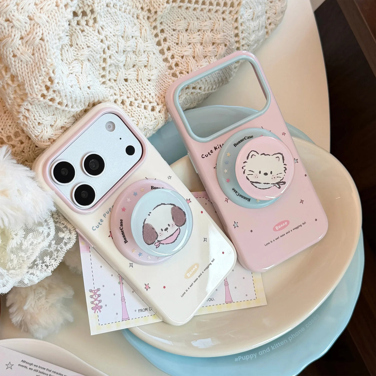 Korean Colorful Stars Cartoon Kitten Puppy Magnetic Holder Phone Case For iPhone