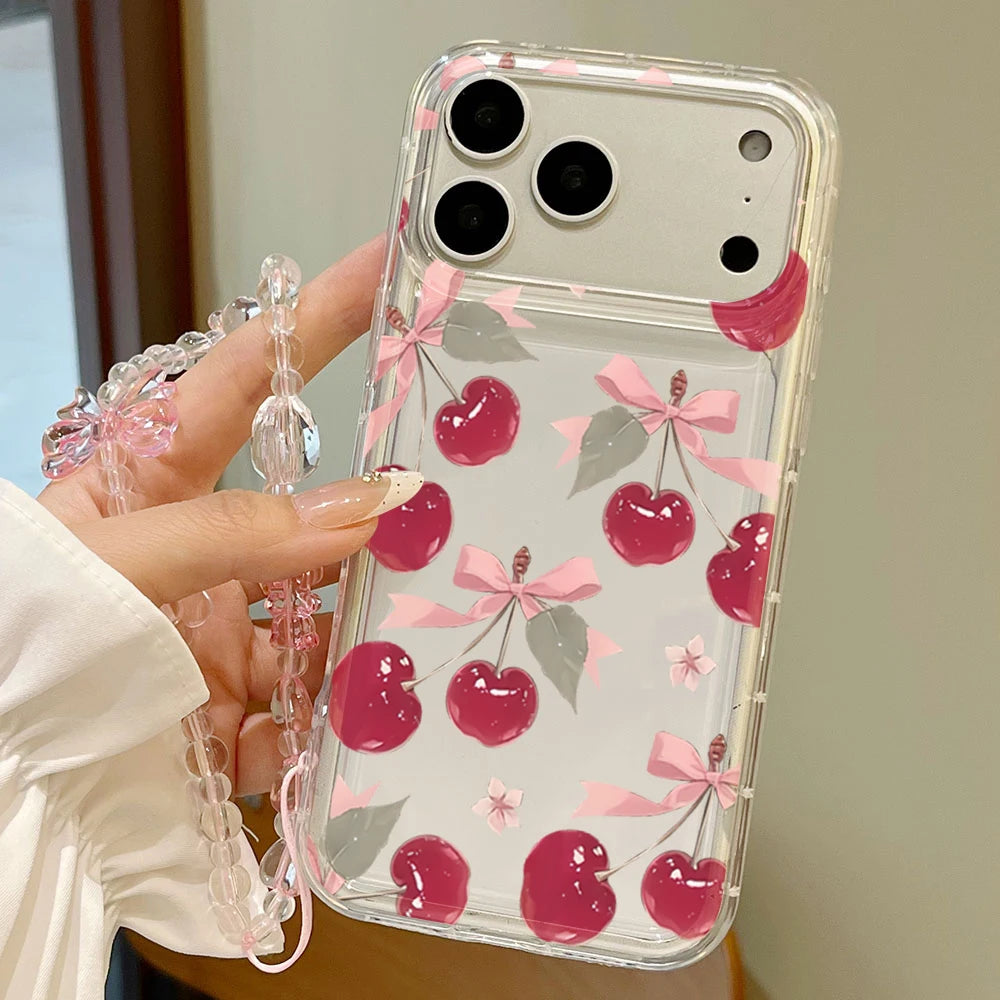 Pink Sweet Cherries Transparent Phone Case For iPhone