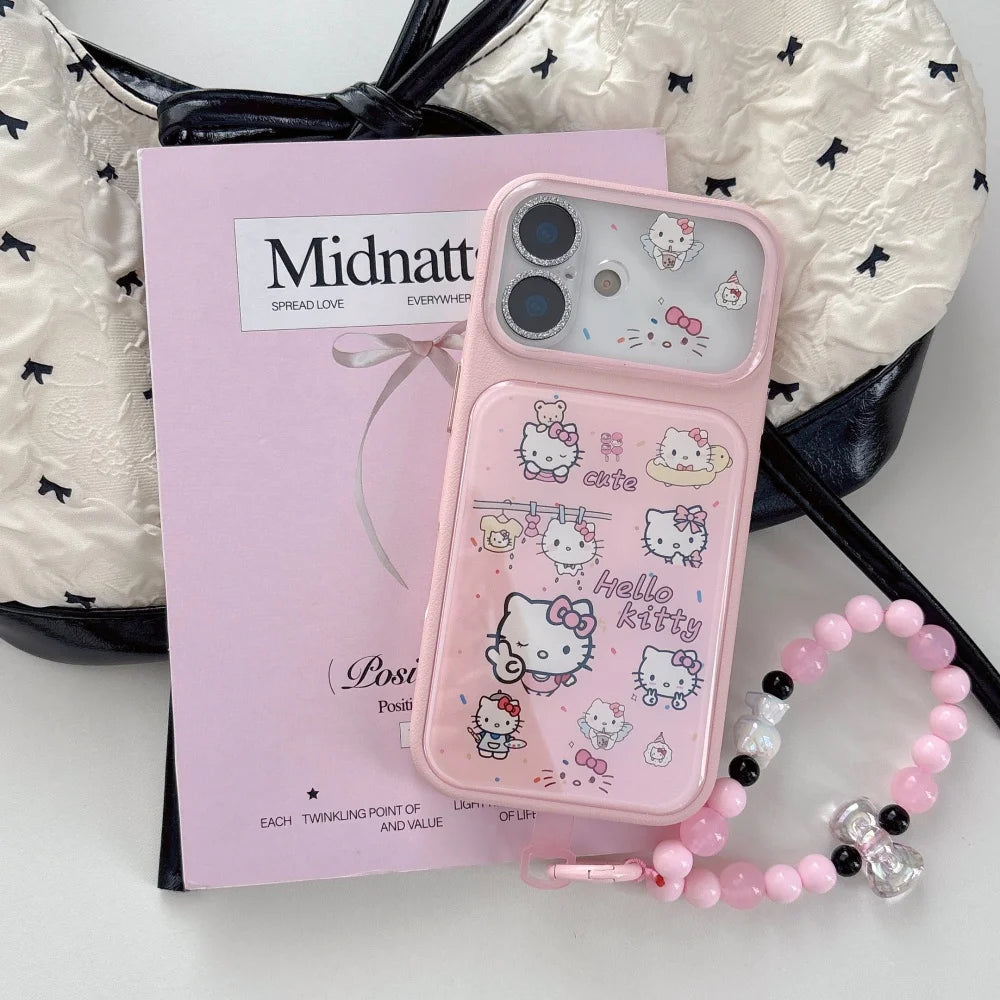 Pink Faux Leather Hello Kitty Phone Case With Bead Cartoon Wrist Lanyard Shockproof Cute  Cover For iPhone