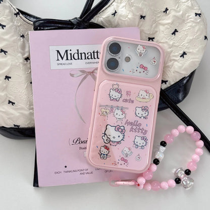 Pink Faux Leather Hello Kitty Phone Case With Bead Cartoon Wrist Lanyard Shockproof Cute  Cover For iPhone