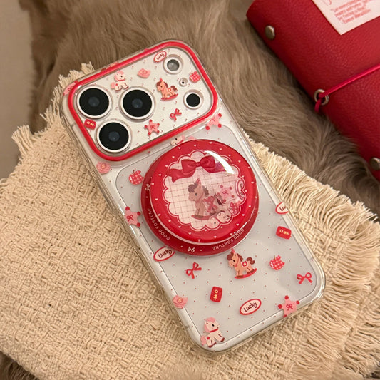 2026 Korean Cartoon Pony Quicksand Magnetic Bracket Phone Case For iPhone