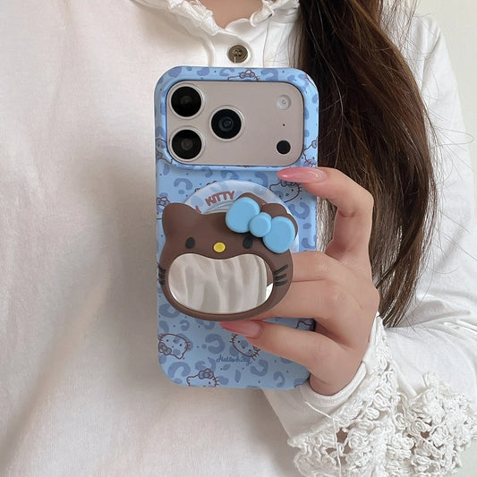 Cute Sanrio Hello Kitty Magnetic Makeup Mirror Holder Magsafe Wireless Charge Phone Case For iPhone