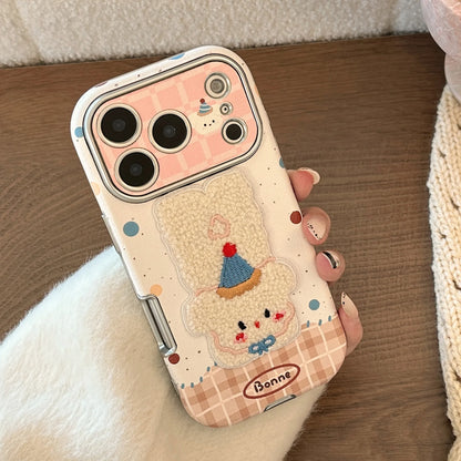 Korean Cartoon Embroidery Plush Animals Leather Texture Phone Case For iPhone