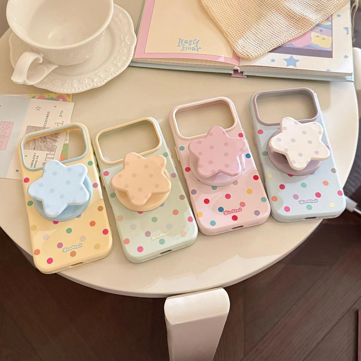 Korean Full Screen Colorful Polka Dots Stars Magnetic Bracket Phone Case For iPhone