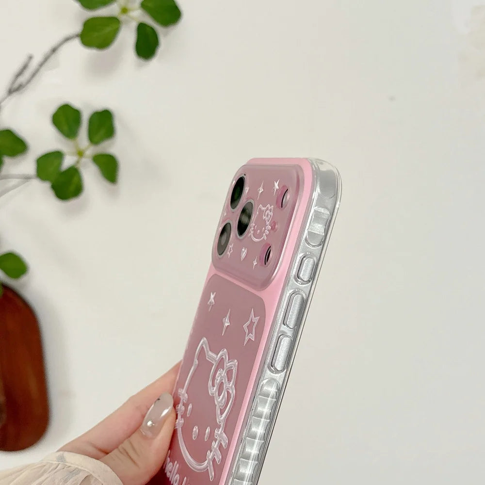 Cute Cartoon Pink Silver Bottom Star Kitty Head Phone Case For iPhone